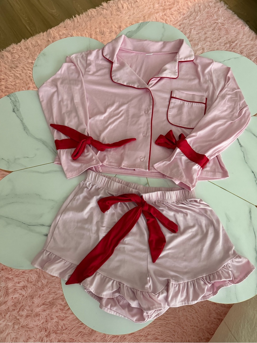 Women's Pink Two-Piece Satin Pajama Set with Red Trim
